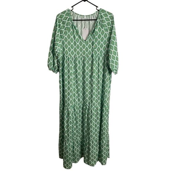 Retro Womens Maxi Dress L Green Geometric Fleur Tiered Skirt 3/4 Sleeve Vacation - Picture 1 of 5